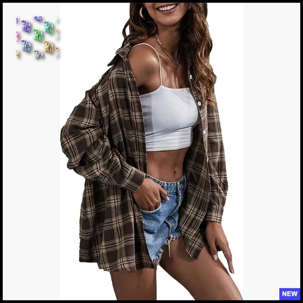 Oversized Flannel Shacket Button Down Blouse Loos… - image 1